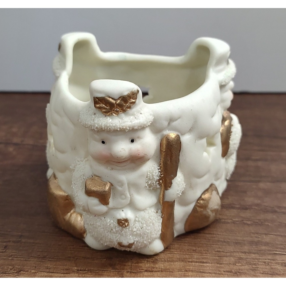 Holiday Snowman Tea Light Candle Holder White Gold Christmas Decor A6